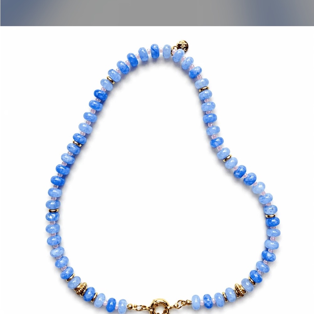 Light Blue Beaded Necklace, Pink Spacer Beads and Gold Accents